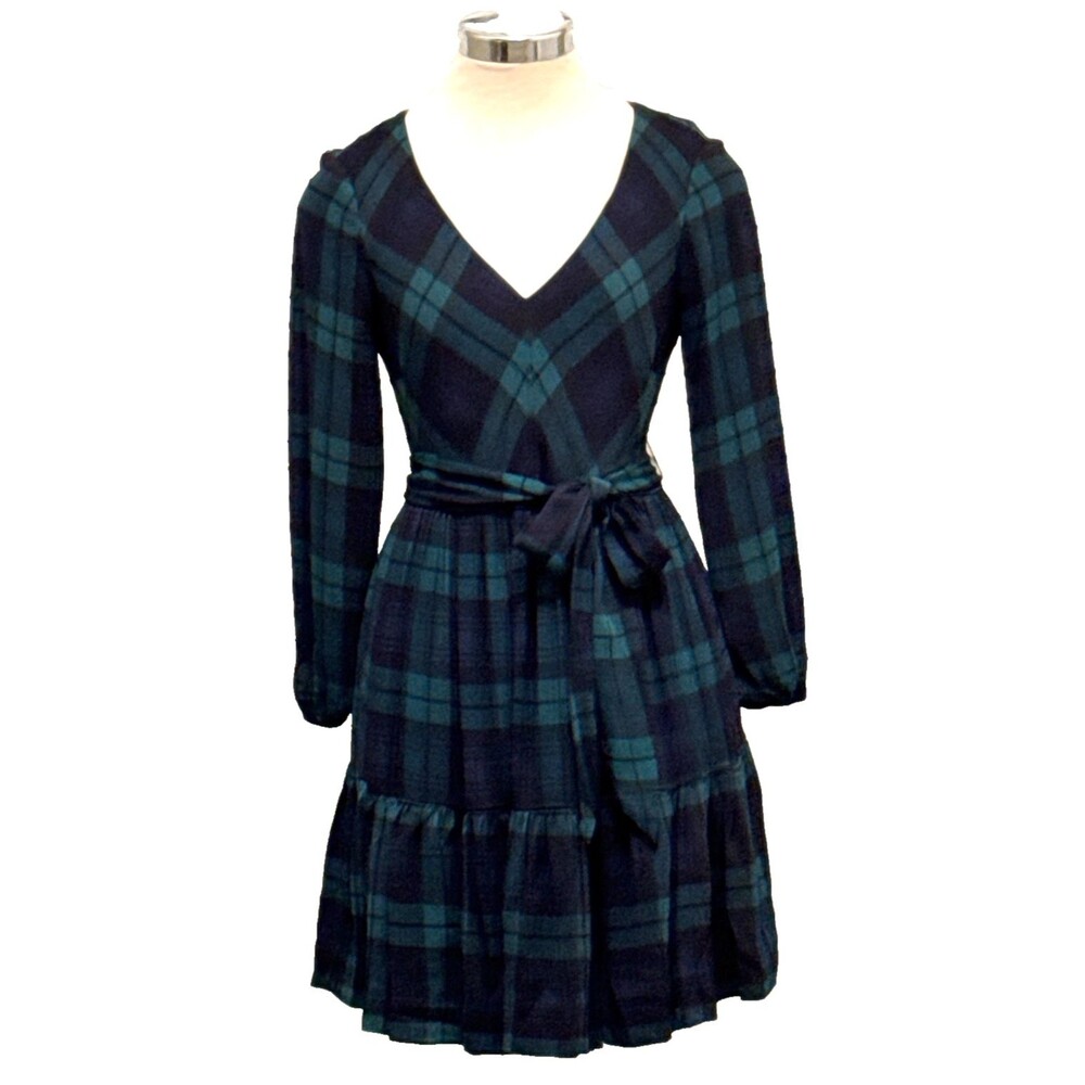 J. CREW Womens Sz. 2 Blue Green Tartan Plaid Long sleeve Dress Academia